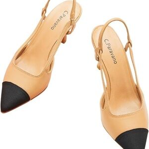 C PARAVANO Tan and Black Kitten Heel Slingback